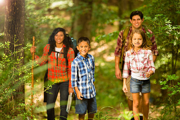 istock Multi-ethnic family hiking, backpacking outdoors in national park area. 508904915