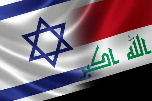 Merged Israeli and Iraqi flag on satin texture. Concept of the long history and proximity between the two hostile countries.