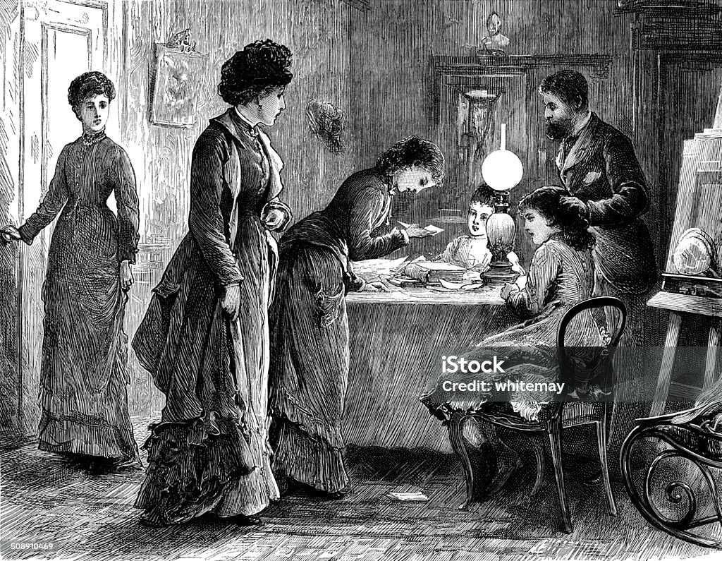 Victorian family studying documents A Victorian family clustered around a table by lamp-light, studying a pile of documents and books. From “The Graphic - An Illustrated Weekly Newspaper” dated Saturday 6th July 1878. Published weekly by Illustrated Newspapers Ltd until 1932. Oil Lamp stock illustration