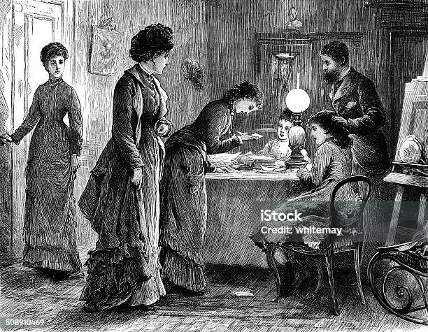 Victorian Family Studying Documents Stock Illustration - Download Image Now - Oil Lamp, Child, Old-fashioned