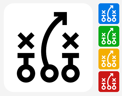 Game plan Icon. This 100% royalty free vector illustration features the main icon pictured in black inside a white square. The alternative color options in blue, green, yellow and red are on the right of the icon and are arranged in a vertical column.