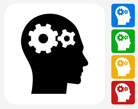Gears in the Mind Icon. This 100% royalty free vector illustration features the main icon pictured in black inside a white square. The alternative color options in blue, green, yellow and red are on the right of the icon and are arranged in a vertical column.