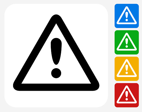 Attention Sign Icon. This 100% royalty free vector illustration features the main icon pictured in black inside a white square. The alternative color options in blue, green, yellow and red are on the right of the icon and are arranged in a vertical column.