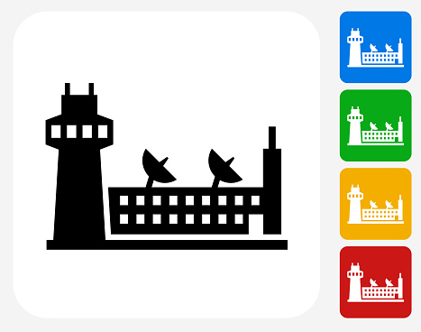 Airport Icon. This 100% royalty free vector illustration features the main icon pictured in black inside a white square. The alternative color options in blue, green, yellow and red are on the right of the icon and are arranged in a vertical column.