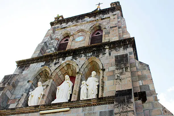 A Detail looking up at Roseau's Catholic Cathedral on the island of Dominica in the Caribbean also known as Cathedal of Our Lady of Fair Haven.