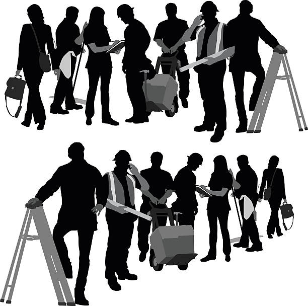 Building Team A vector silhouette illustration of two images of a line of workers including a business woman, janitor, nurse, construction worker, delivery man, foreman, and a man on a ladder. blueprint silhouettes stock illustrations