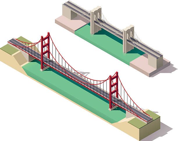 ilustraciones, imágenes clip art, dibujos animados e iconos de stock de vector de isométrica puente colgante - isometric truck traffic semi truck