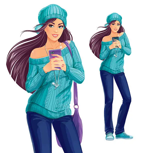 Vector illustration of Happy young woman with smartphone on her hands making selfie