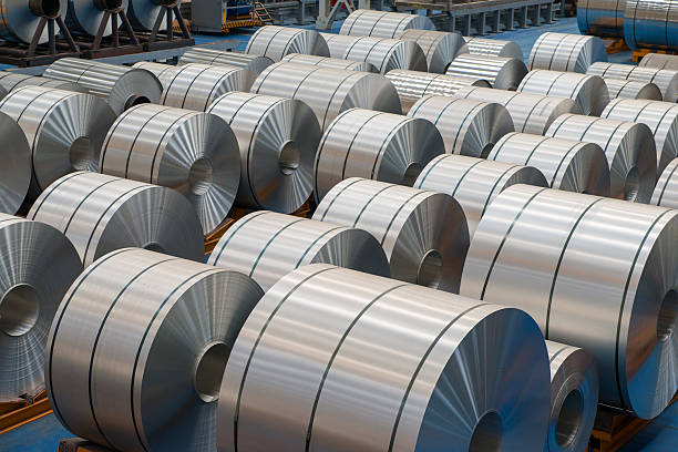 Large aluminium steel rolls in the factory stock photo