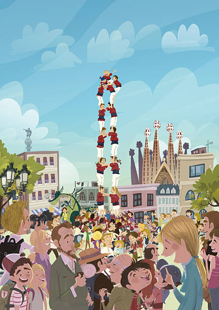 tourismus in barcelona - castellers stock-grafiken, -clipart, -cartoons und -symbole