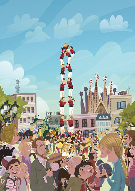 ilustraciones, imágenes clip art, dibujos animados e iconos de stock de turismo en barcelona - castellers