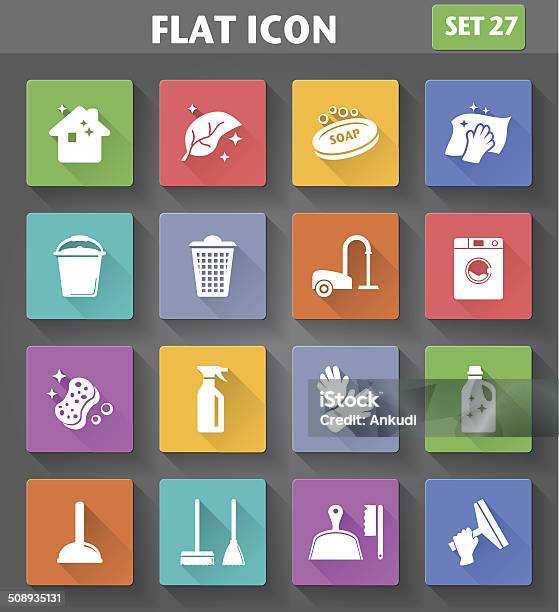 Icone Di Pulizia Impostato In Stile Piatto - Immagini vettoriali stock e altre immagini di Applicazione mobile - Applicazione mobile, Aspirapolvere, Barattolo di vernice