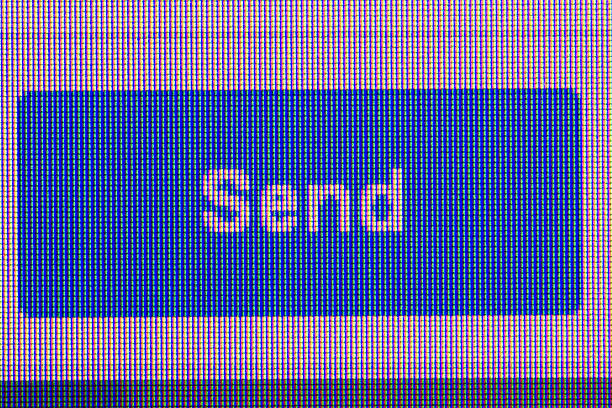 istock blue send button. Macro screen view of old monitor 508936179