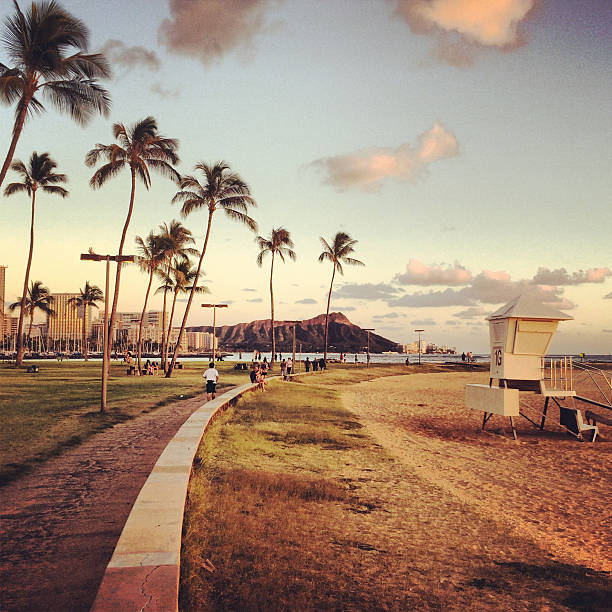 People enjoying evening on Hawaiian beach, Honolulu