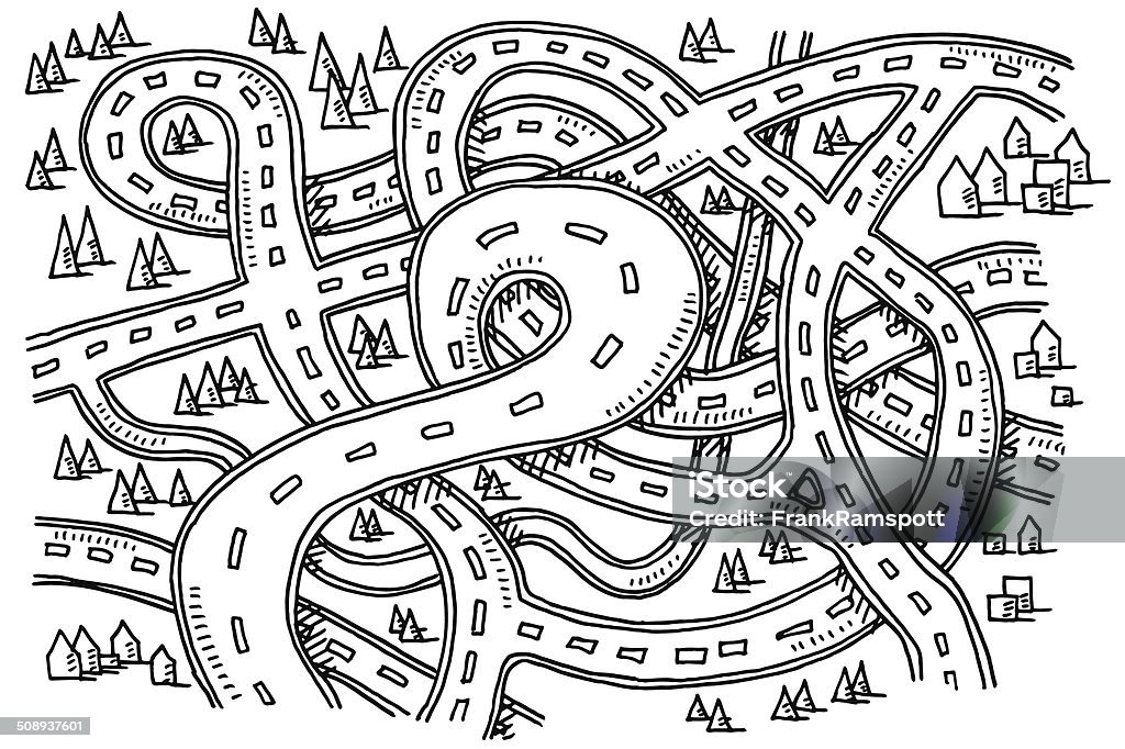 Roads View From Above Drawing Hand-drawn vector drawing of Roads View From Above. Black-and-White sketch on a transparent background (.eps-file). Included files are EPS (v10) and Hi-Res JPG. Line Art stock vector