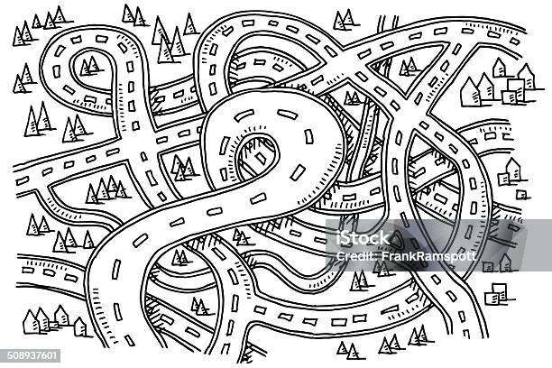 Roads View From Above Drawing Stock Illustration - Download Image Now - Line Art, Road Map, Doodle