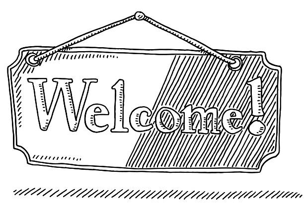 ilustraciones, imágenes clip art, dibujos animados e iconos de stock de texto señal de bienvenida para colgar dibujo - line art welcome sign white black