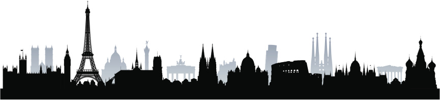 Each building is separate and complete. From left to right; Big Ben and the Houses of Parliament and Westminster Abbey (Britain), Eiffel Tower, Sacre Coeur, Notre Dame Cathedral and Colonne de Juillet (France), Brandenburg Gate, Cologne Cathedral and Neuschwanstein Castle (Germany), Saint Peter's (The Vatican), Leaning Tower of Pisa and the Colosseum (Italy), Sagrada Familia (Spain), Parliament Building (Hungary), Parthenon (Greece), and Saint Basil's Cathedral (Russia). Zoom in to see the detail!