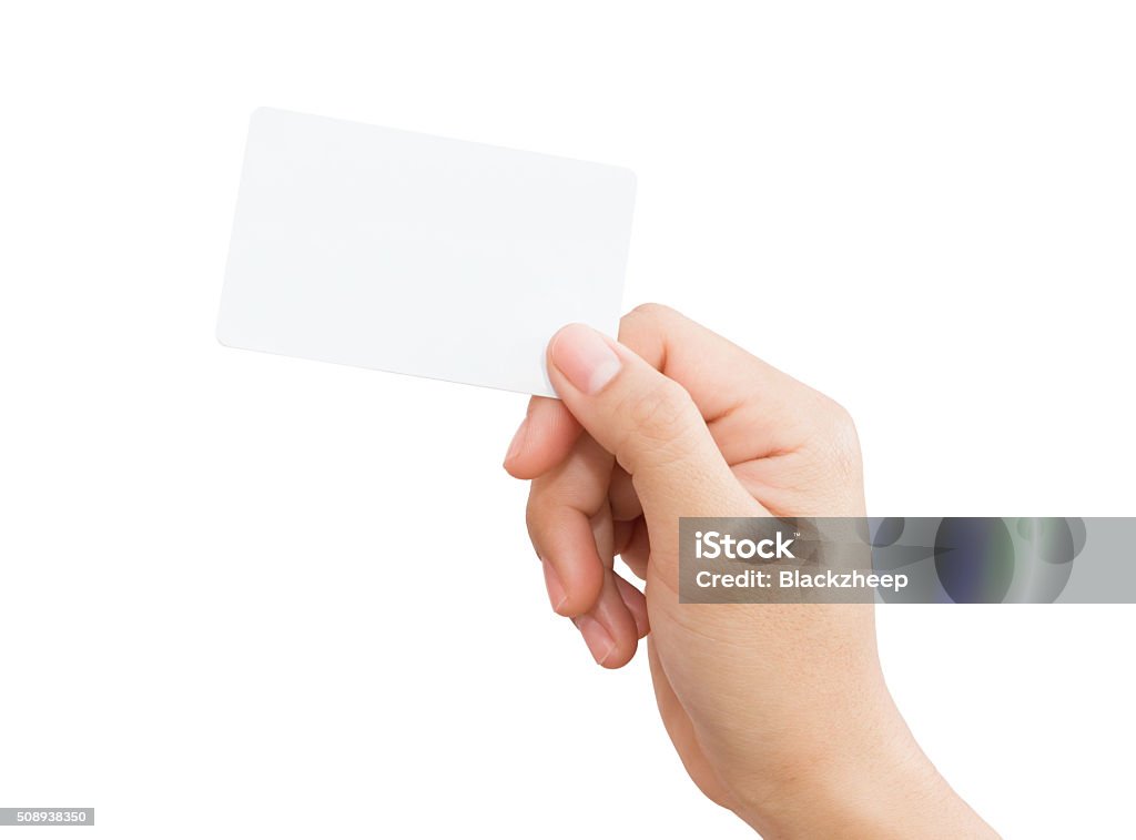 Mano de mujer sosteniendo tarjetas en blanco aislado con trazado de recorte - Foto de stock de Tarjeta de felicitación libre de derechos