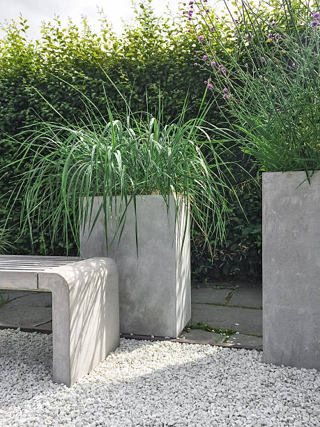Garden with decorative grass, concrete and stone stock photo