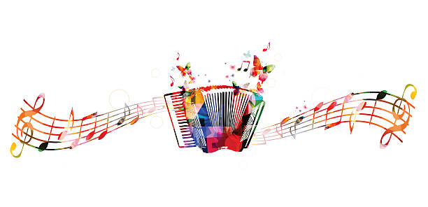 ilustraciones, imágenes clip art, dibujos animados e iconos de stock de acordeón diseño con coloridas mariposas - acordeon