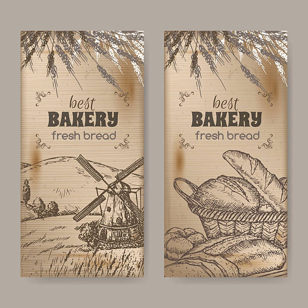 2 bäckerei logo-vorlagen mit feld, windmilland brot auf holz - altes backhaus dorf stock-grafiken, -clipart, -cartoons und -symbole