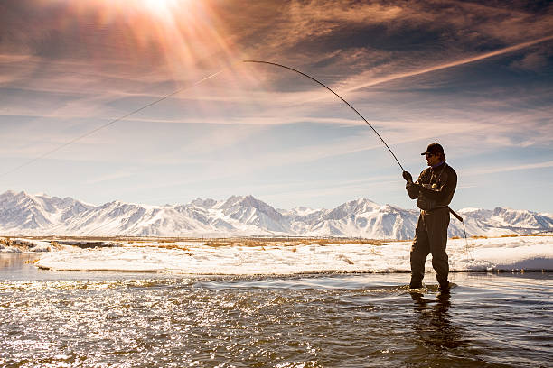 Silhouette Fisherman On The Owens River in Winter A Silhouette of a Fisherman On The Owens River during winter hooked into a big trout.  The snow covered Sierra Nevada Mountain range is in the background. owens river stock pictures, royalty-free photos & images