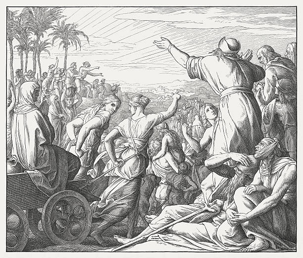 Return of the Israelites from the Babylonian captivity (Ezra 1) The return of the Israelites from the Babylonian captivity to Jerusalem (Ezra 1). Wood engraving by Julius Schnorr von Carolsfeld (German painter, 1794 - 1872), published in 1860. animals in captivity stock illustrations