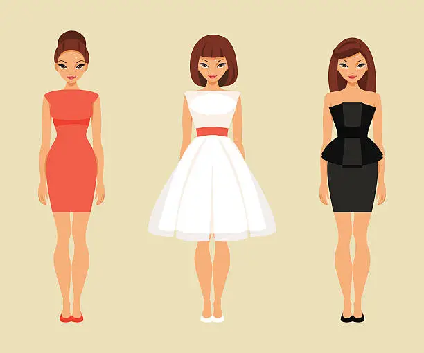 Vector illustration of Girls in red, white and black dresses