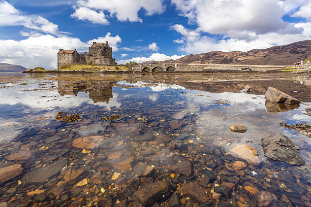 Dornie, Scotland, UK - April 13, 2012: The iconic battlements of Eilean Donan castle on Loch Duich deep in the Scottish Highlands with its reflection.