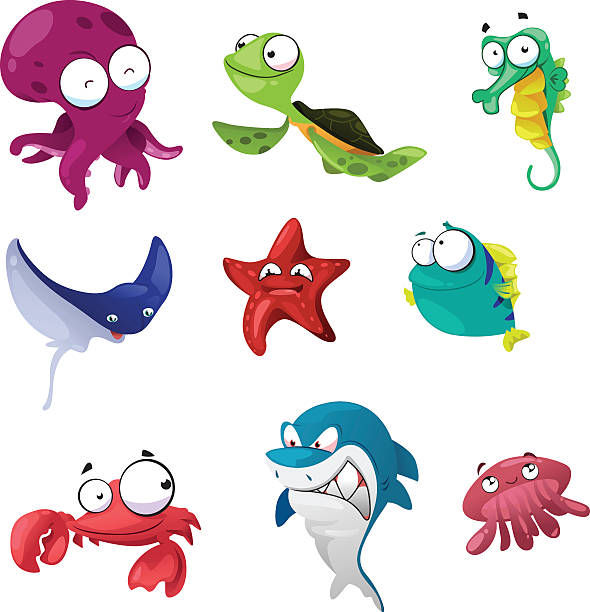 Marine Animals Icons A vector illustration of cute marine animals icon sets sea turtle clipart stock illustrations