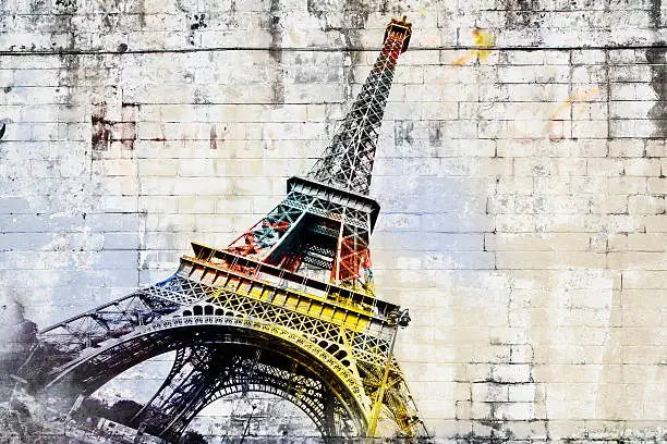 Abstract digital art of Eiffel Tower in Paris. Street art on wall. Digital art, high resolution, printable on canvas