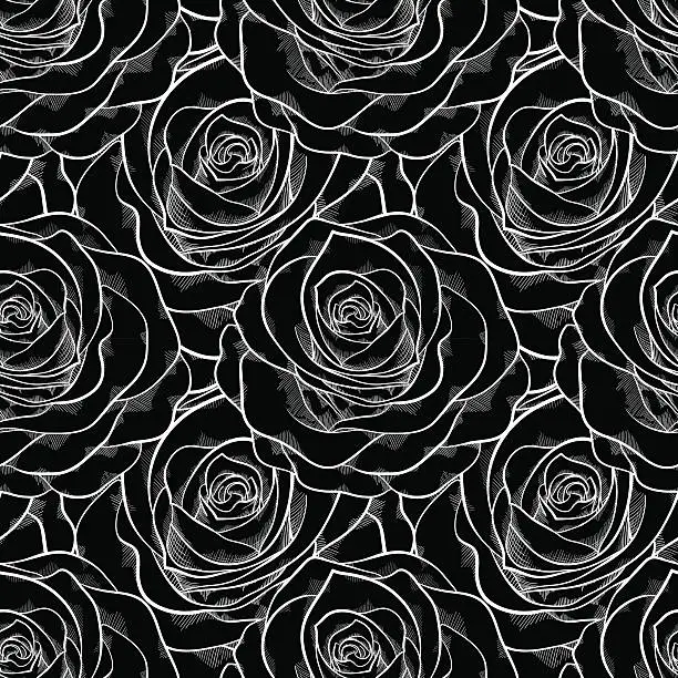 Vector illustration of beautiful black and white seamless pattern in roses.