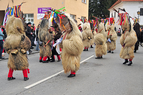Traditional carnival with traditional figures, known as kurent, Ptuj, Slovenia stock photo