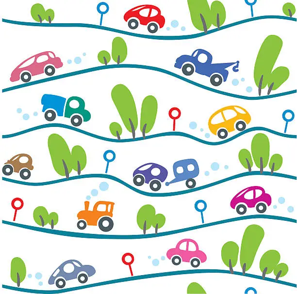Vector illustration of Cars on the road. Funny seamless pattern.