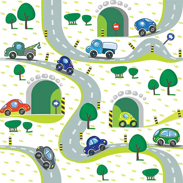 Vector illustration of Cars on the road. Seamless pattern.