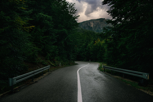 Dark rainy road through the forest of Durmitor national park