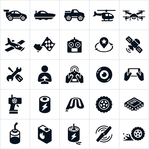 RC Toys Icons A set of icons representing remote controlled devices and toys. The icons show different devices like a remote controlled car, boat, truck, helicopter and drone. They also represent different items, parts and symbols related to the RC industry. nitrogen icon stock illustrations