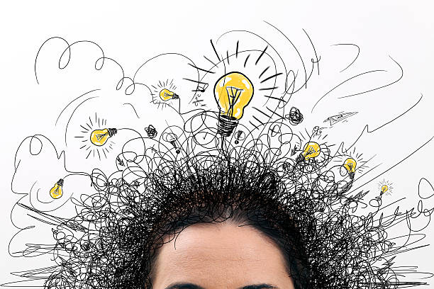 Thinking people with question signs and light idea bulb above inspiration concept connect the dots photos stock pictures, royalty-free photos & images