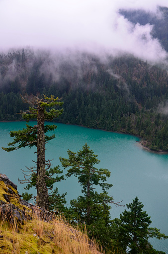 A landscape image of a blue-green lake with low lying clouds.