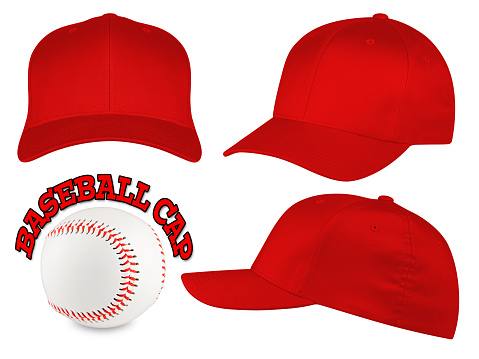 Set of red baseball caps with baseball