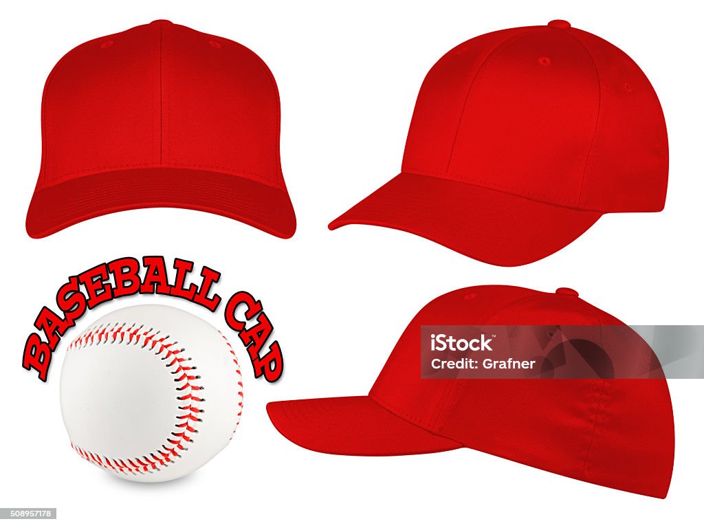 red baseball cap set Set of red baseball caps with baseball Red Stock Photo