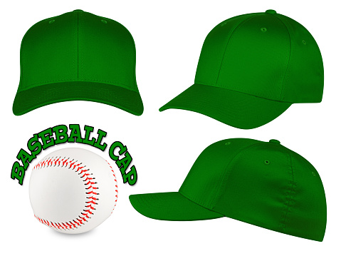 Set of dark green baseball caps with baseball