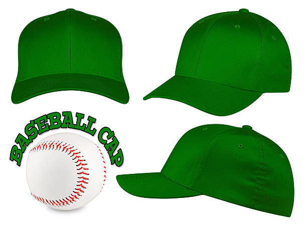 dark green baseball cap set Set of dark green baseball caps with baseball sideways baseball hat stock pictures, royalty-free photos & images