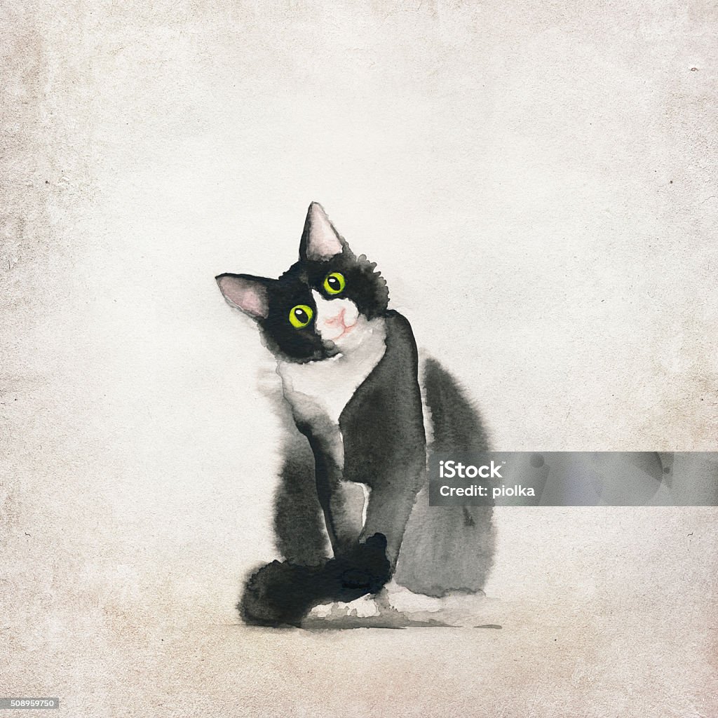 black and white cat on paper background aqua color painting of a cat on a brown, textured paper background Domestic Cat stock illustration