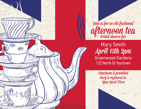 Tea Party Bridal Shower Invitation Template card in vintage illustration style.  Cute hand drawn vintage teacup in front of a British flag. Room for text. Ideal for a party invitation, bridal shower or save the date card.