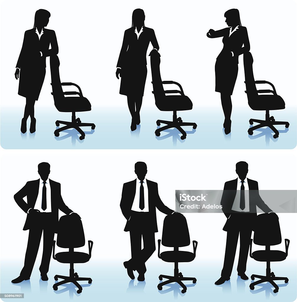 Businessmen with chair Modern businesswomen and businessmen with office chairs. Adult stock vector