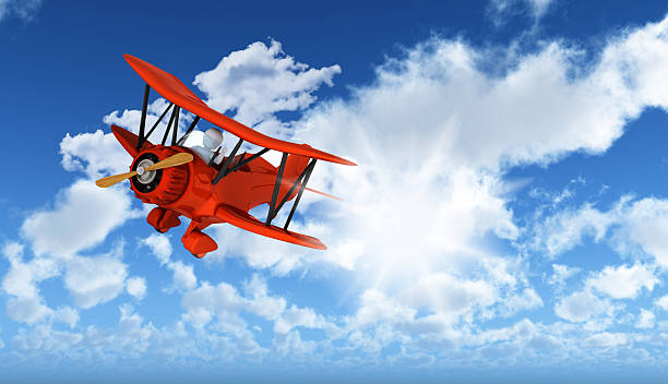 istock 3D figure flying biplane in blue sky 508963094