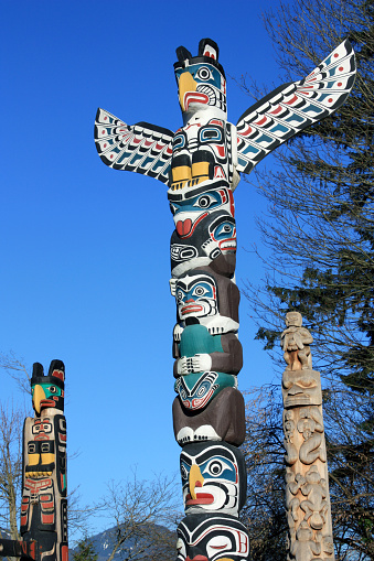 Vancouver, BC, Canada - December 27, 2009: Detail of some Totem Poles in Stanley Park. The totem poles are one of Stanley Park's most fascinating attractions.