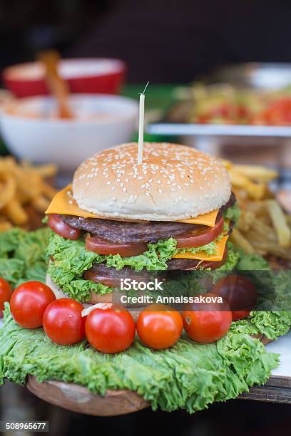 Burger On The Market Stock Photo - Download Image Now - Agriculture, American Culture, Baked